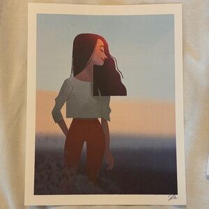 Sunset Silhouette Woman Art Print - Brown & Blue print
